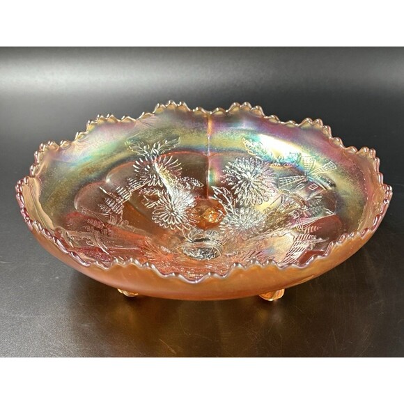 Vintage Imperial Carnival Windmill Pattern Footed Round Glass Bowl with 3 Feet - Picture 5 of 14